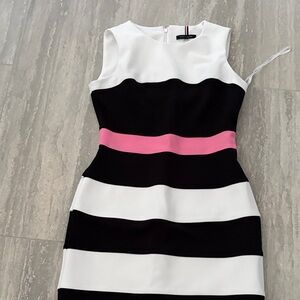 Tommy Hilfiger Sleeveless Striped Sheath Dress in Black, White & Pink